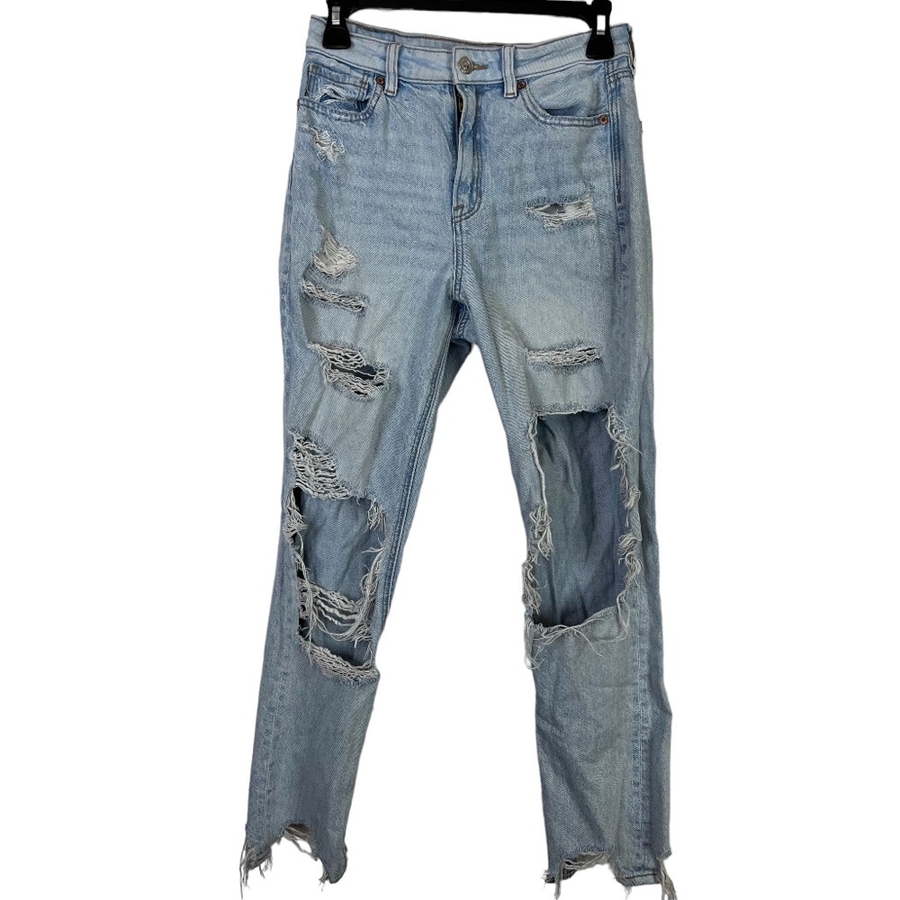 AMERICAN EAGLE MOM JEAN Comfort Stretch Waistband Light Wash Distressed Jeans 2